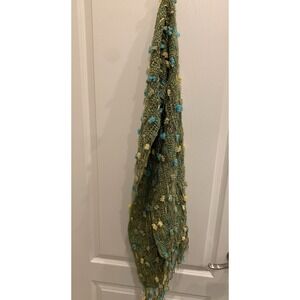 Boho Style Scarf Loose Knit Soft & Cozy Wrap Green With Pom Poms